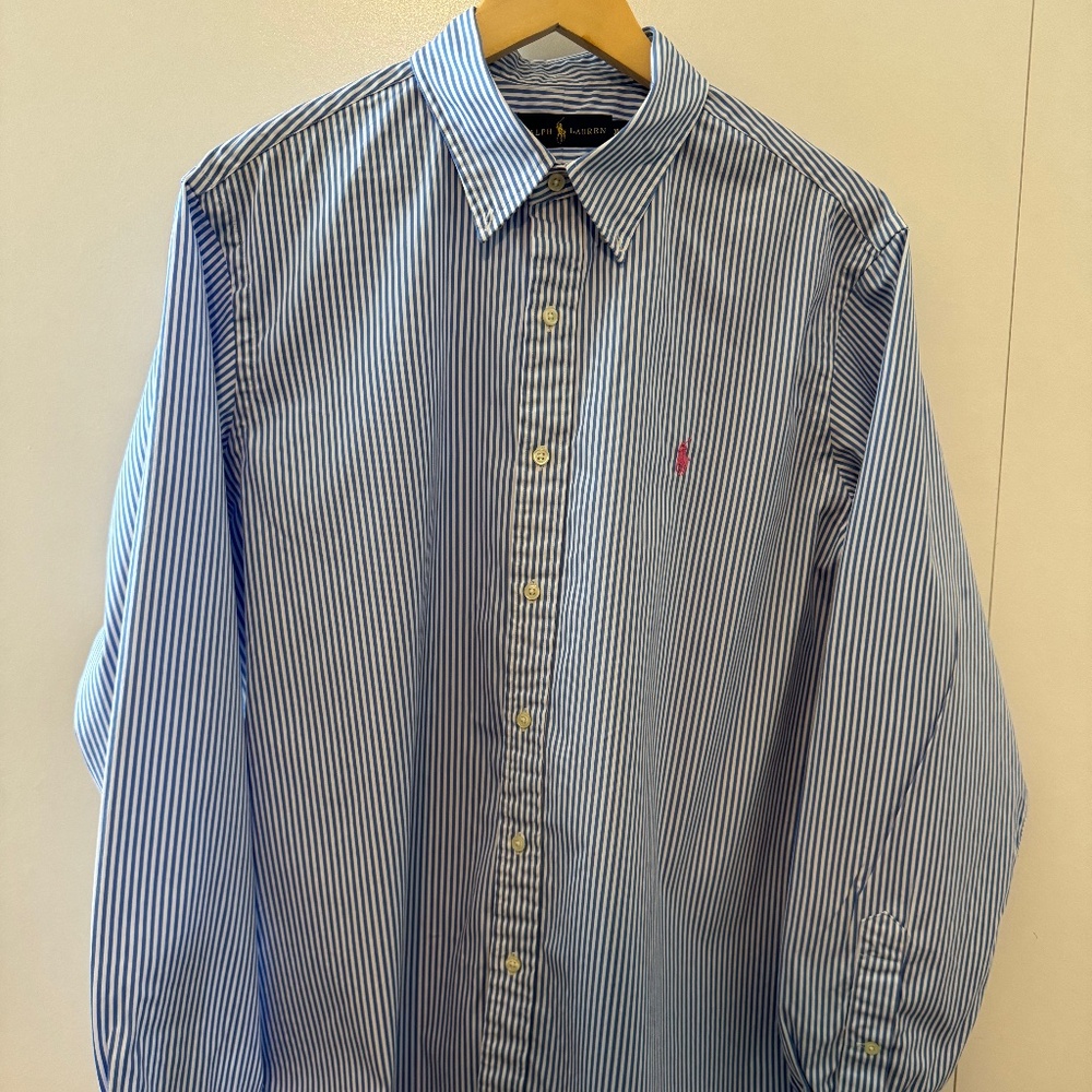 EUC Polo Ralph Lauren Men Classic Fit Blue White Stripe Pink Logo XL